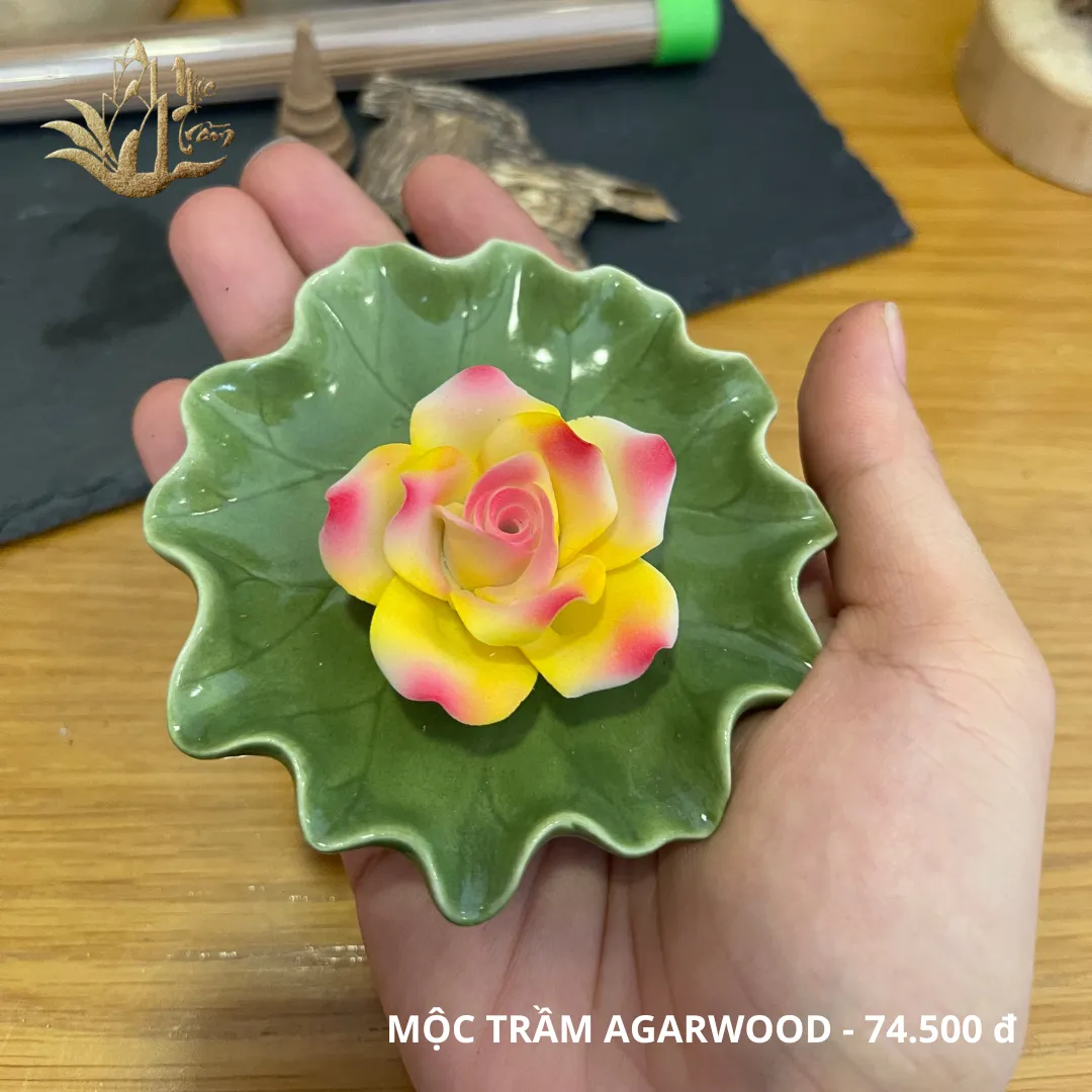 Floral Incense Holder &amp; Lotus Leaf Ceramic Burner Plate – Thick Glazed Premium Set for Vietnamese Natural Agarwood